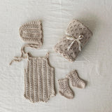 Organic Cotton Newborn Knit Outfit, Baby Knitted Romper with Bonnet and Socks, Unisex Newborn Photography Outfit, Baby Shower Gift