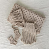 Organic Cotton Newborn Knit Outfit, Baby Knitted Romper with Bonnet and Socks, Unisex Newborn Photography Outfit, Baby Shower Gift