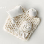 White Newborn Photography Props Set, Light Ribbed Posing Fabric Backdrop with Merino Wool Blanket and Matching Newborn Props for photography