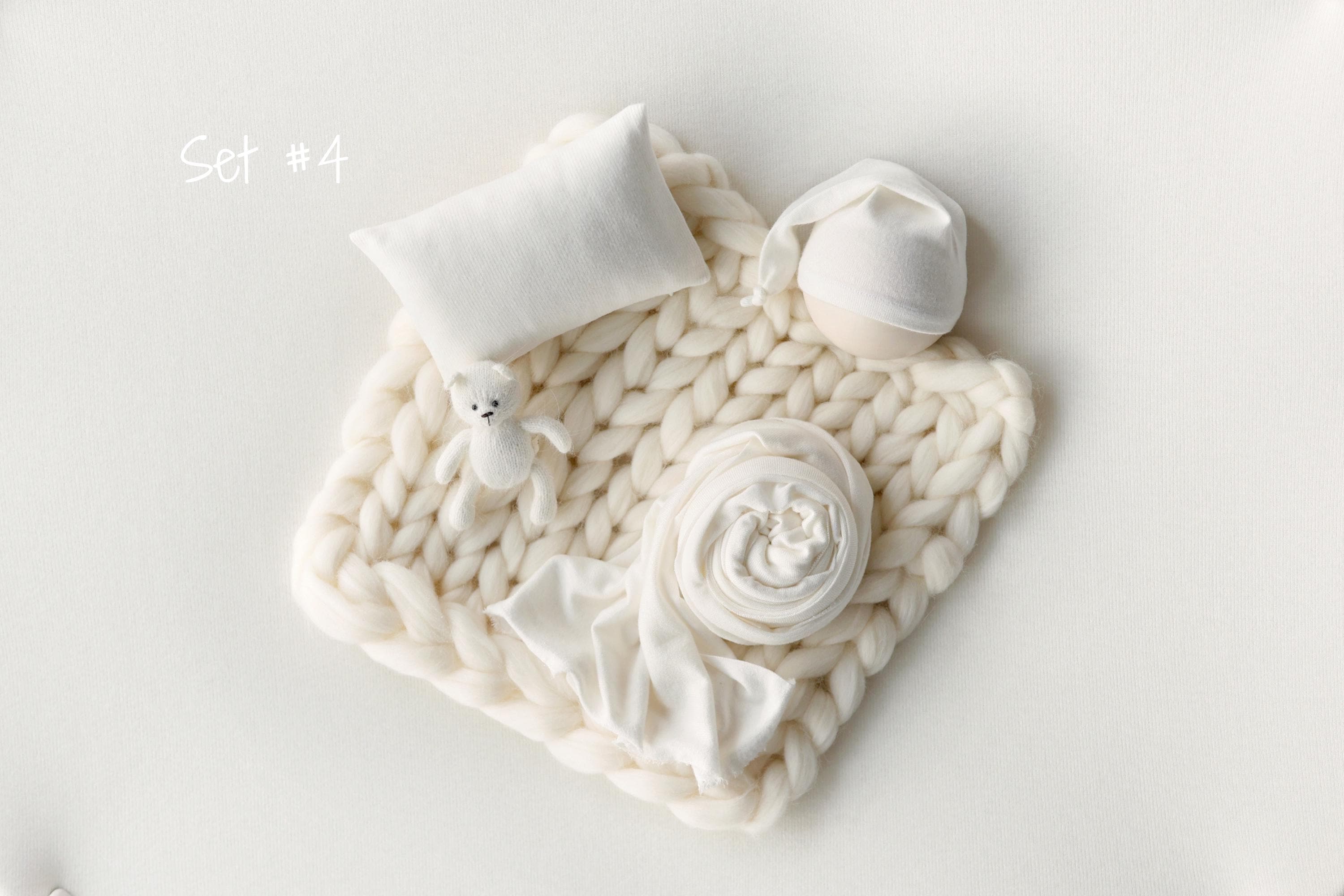 White Newborn Photography Props Set, Light Ribbed Posing Fabric Backdrop with Merino Wool Blanket and Matching Newborn Props for photography
