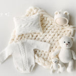 White Newborn Photography Props Set, Light Ribbed Posing Fabric Backdrop with Merino Wool Blanket and Matching Newborn Props for photography