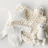 White Newborn Photography Props Set, Light Ribbed Posing Fabric Backdrop with Merino Wool Blanket and Matching Newborn Props for photography