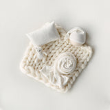 White Newborn Photography Props Set, Light Ribbed Posing Fabric Backdrop with Merino Wool Blanket and Matching Newborn Props for photography