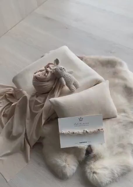 Light Beige Newborn Photography Props Set, Newborn Fabric Backdrop Beanbag, Natural rabbit fur, Newborn Posing Fabric, Newborn Posing Pillow