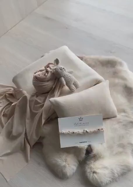 Light Beige Newborn Photography Props Set, Newborn Fabric Backdrop Beanbag, Natural rabbit fur, Newborn Posing Fabric, Newborn Posing Pillow