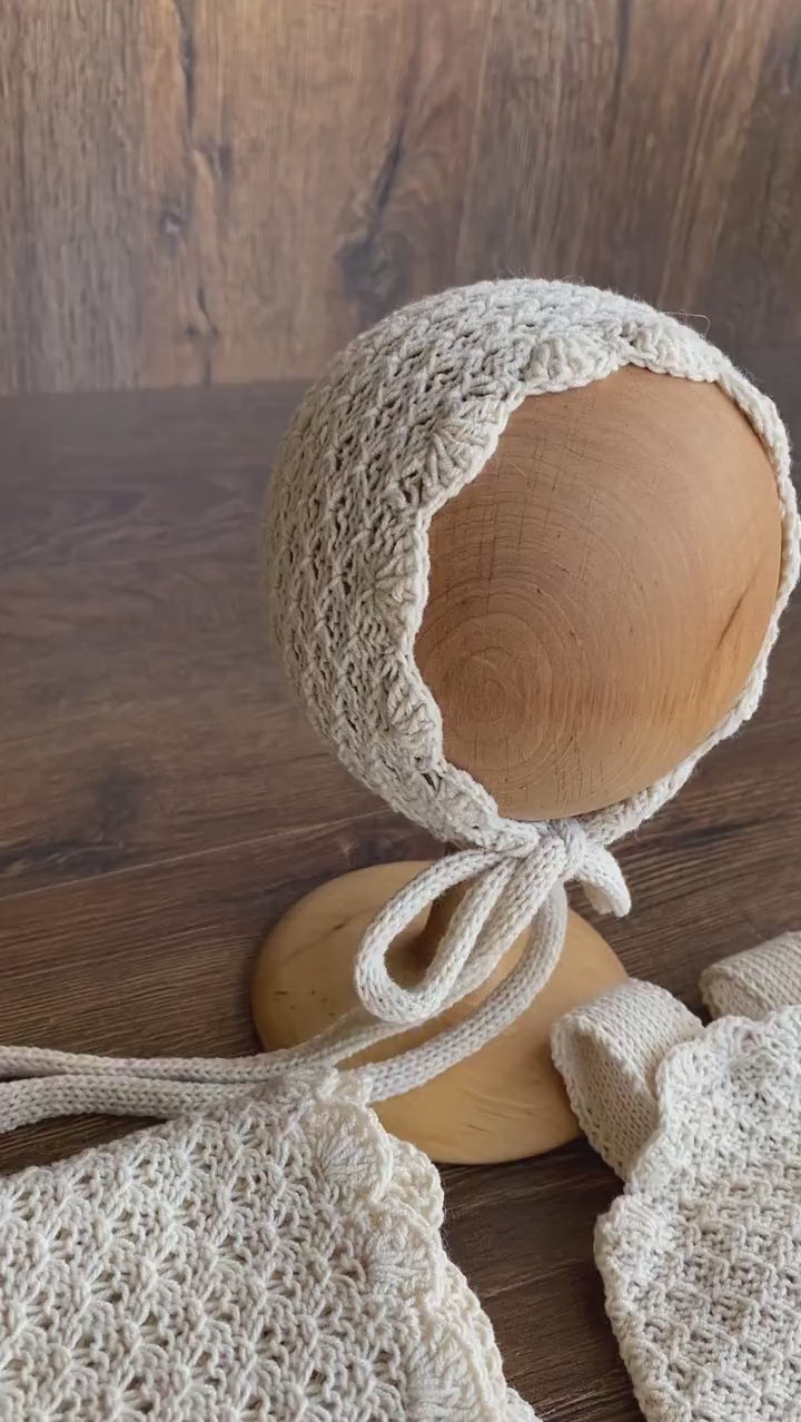 Natural Newborn Crochet Romper and Bonnet Set, Newborn Knitted Outfit, Newborn Knitted Blanket, Newborn Photography props, Baby Girl Romper