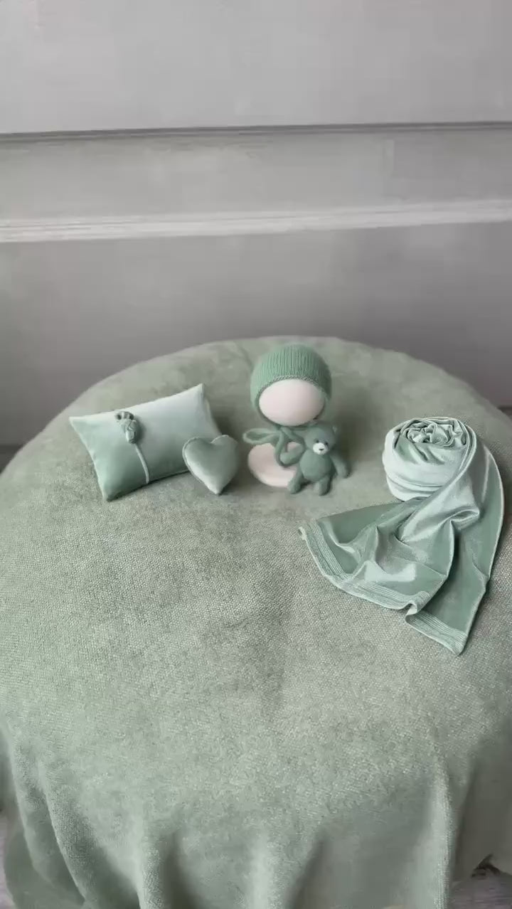 Green Newborn Props for photography, Newborn Knitted Wrap, Newborn Posing Fabric Backdrop, Newborn Fabric Wrap and Beanbag Backdrop Props