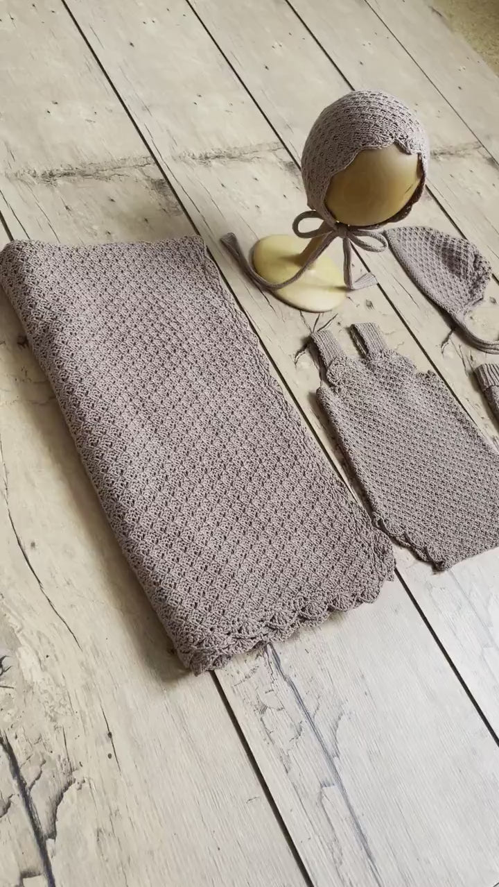 Brown Newborn Crochet Romper and Bonnet Set, Newborn Knitted Outfit, Newborn Knitted Blanket, Newborn Photography props, Baby Boy Outfit