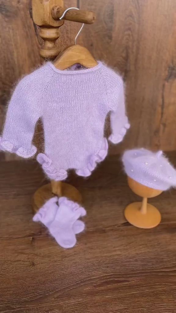 Angora Baby Girl Knit Romper with Wavy Edges – Newborn Photography Outfit & Coming Home Gift, Newborn Knitted Outfit, Newborn Photo Props