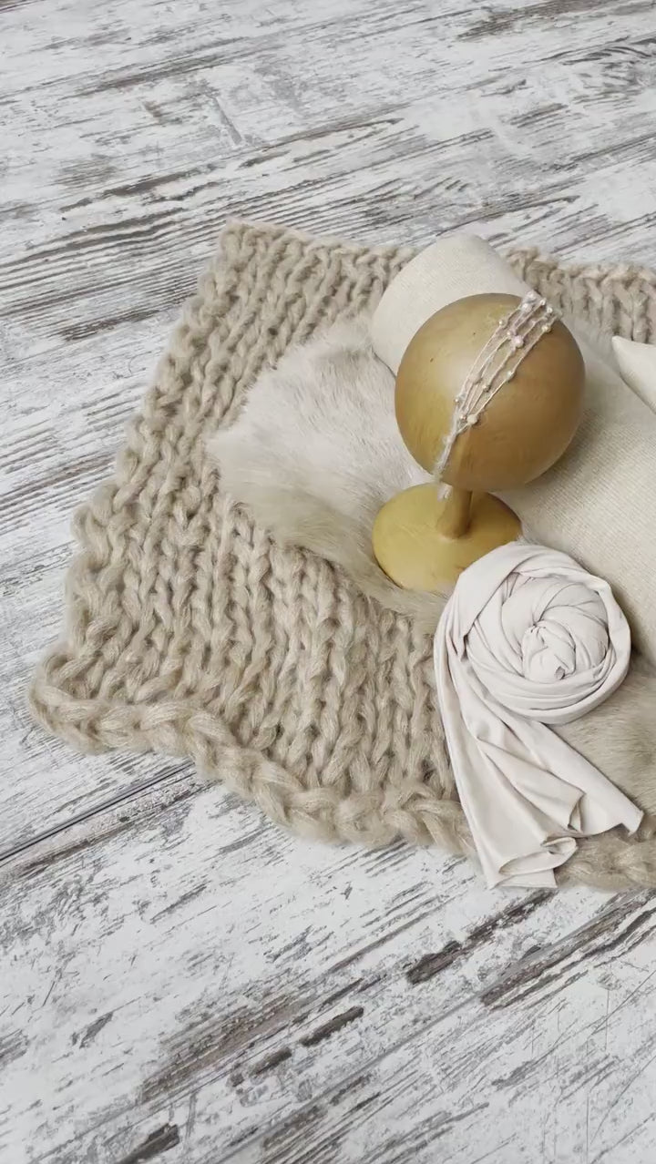 Beige Newborn Photography Props, Newborn Knitted Wool Blanket, Newborn Wrap Prop, Newborn Posing Pillow, Newborn Fabric Backdrop for Beanbag