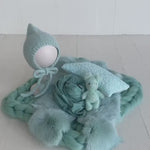 Mint Green Newborn Photography Props, Newborn Merino Wool Blanket, Newborn Posing Wrap, Newborn Posing Pillow, Newborn Bonnet Hat Kntted
