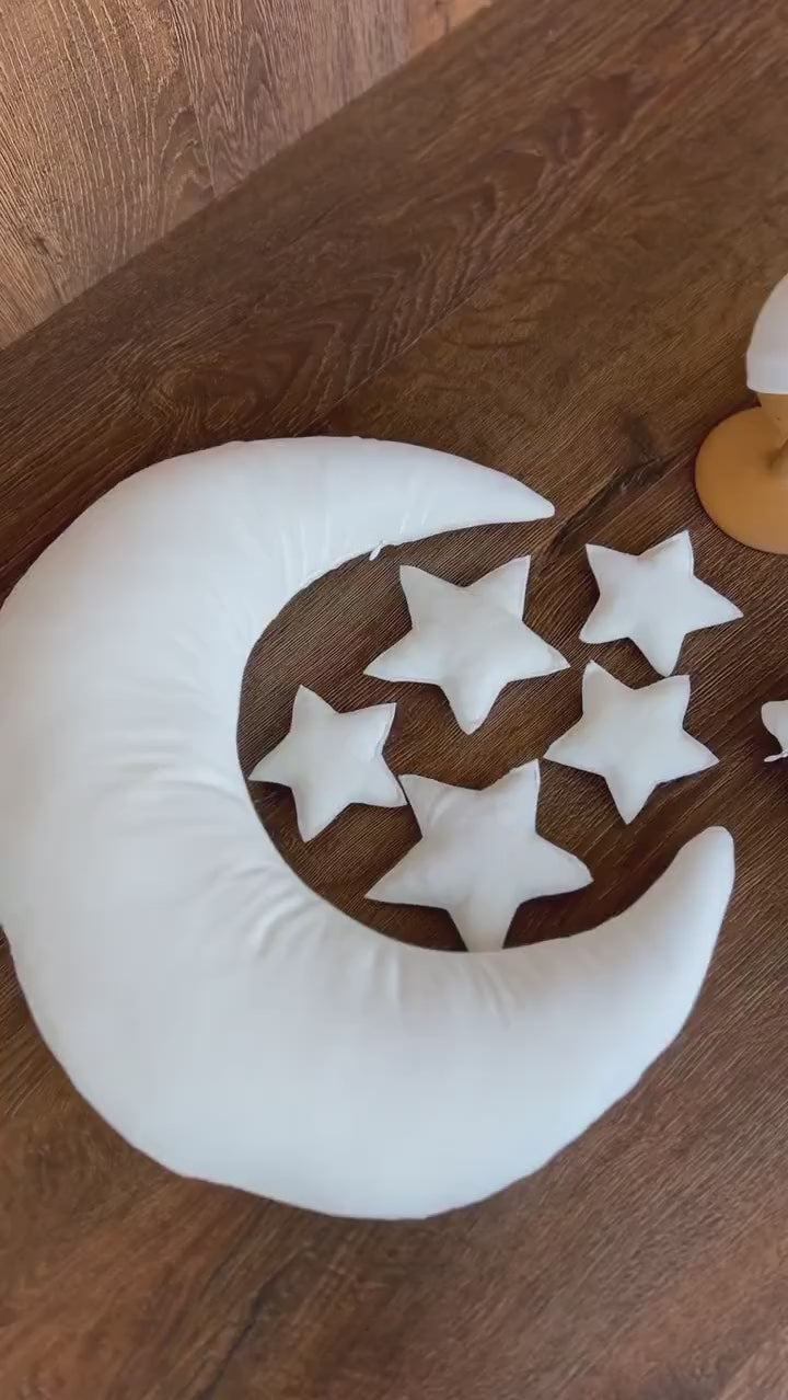 White Newborn Velvet Moon Pillow with Stars, Suede Crescent Moon Pillow Props for Newborn Photography, Newborn Photography Moon Props Set
