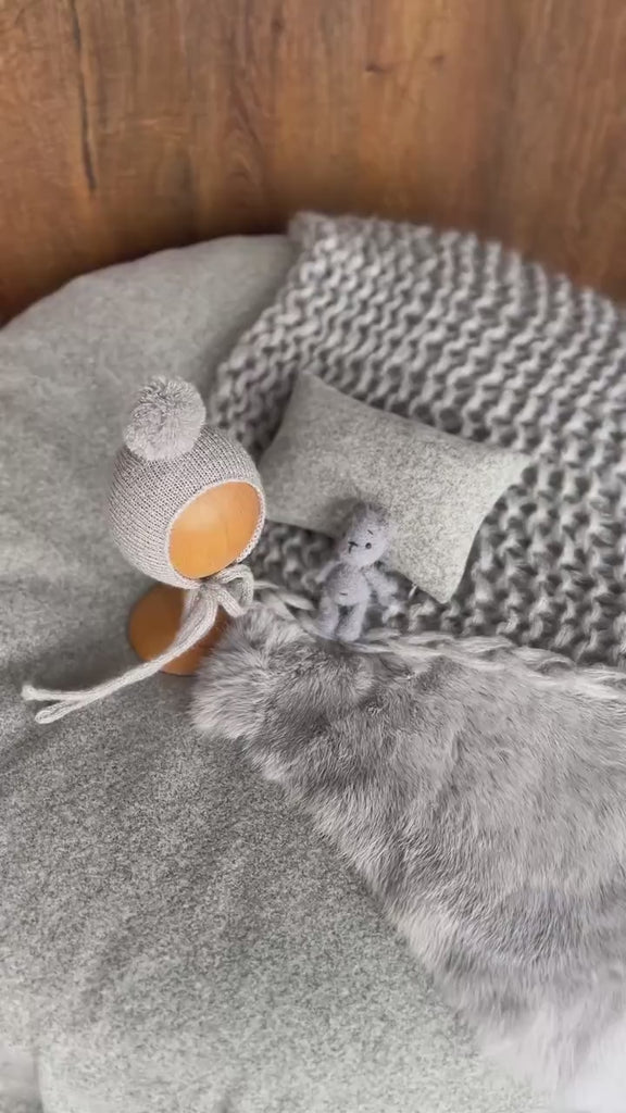 Gray Newborn Photography Props, Newborn Knitted Bonnet and Wool Blanket, Newborn Posing Pillow, Newborn Fabric Backdrop for Beanbag Pillow