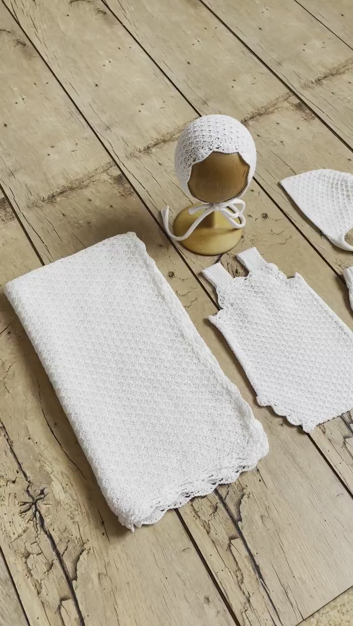 White Newborn Crochet Romper and Bonnet Set, Newborn Knitted Outfit, Newborn Knitted Blanket, Newborn Photography props, Baby Girl Romper