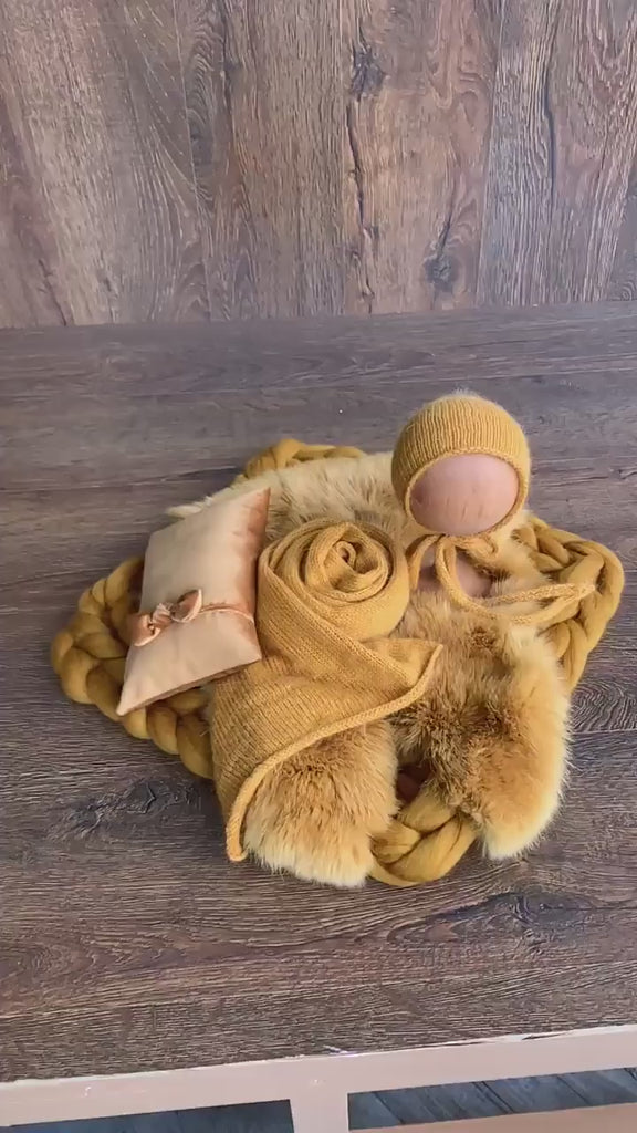 Mustard Newborn Photography Props Set, Newborn Merino Wool Blanket, Newborn Knitted Wrap and Bonnet, Newborn Posing Pillow, Newborn Outfit